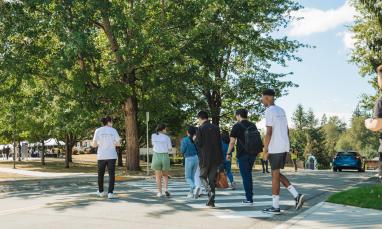 students walking on road