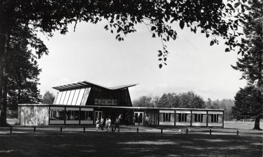 Black and white photo of campus from the past