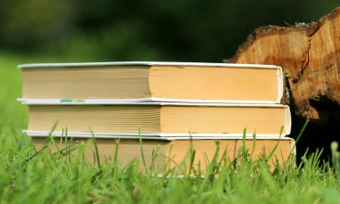 A stack of books on a lawn