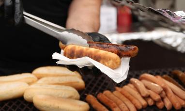 a hand holding a hotdog in a napkin