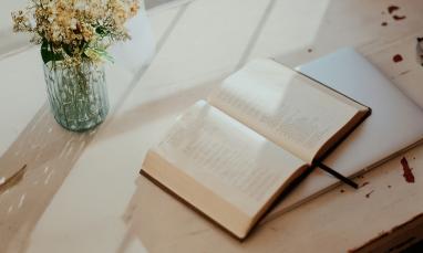 Open book on a sunlit desk with flowers in a vase nearby.