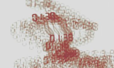 Red digital numbers form abstract shapes on a light gray background.