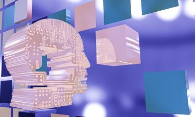 Digital head silhouette with circuit design, surrounded by floating squares on a purple background.