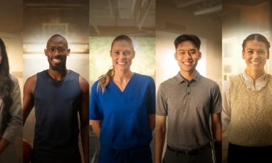 Five people standing together, smiling, diverse professions shown.