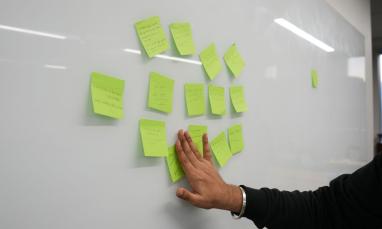 A person places or adjusts bright green sticky notes on a whiteboard, which is covered with several handwritten notes arranged in a cluster.