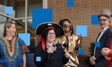 graphic of photo of people with blue squares around them