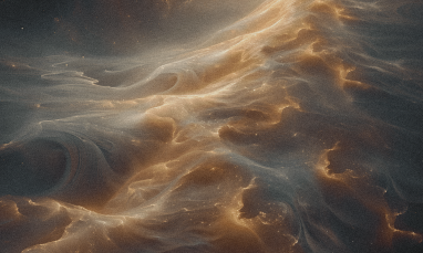 A flowing, cloud‑like formation of soft golden light ripples across a dark blue cosmic background, resembling waves made of luminous mist.