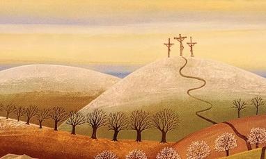 painting of three crosses on a hill with a path leading from it