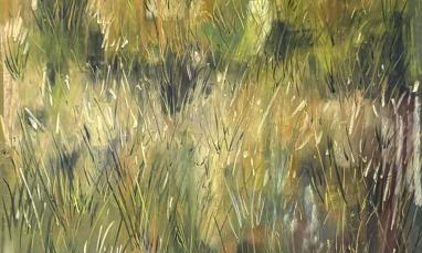 Abstract artwork in earthy green and brown tones with layered marks resembling tall grass and foliage.