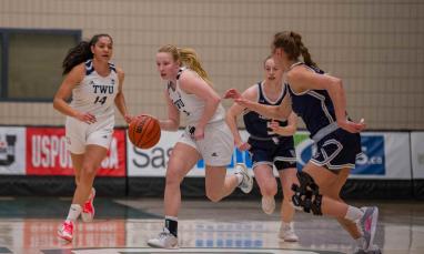 Girls in white and blue jerseys playing basketball.