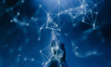 Hand interacting with a digital network of connected points and lines, representing artificial intelligence and data technology.