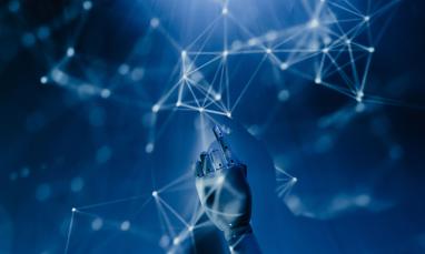 Hand interacting with a digital network of connected points and lines, representing artificial intelligence and data technology.