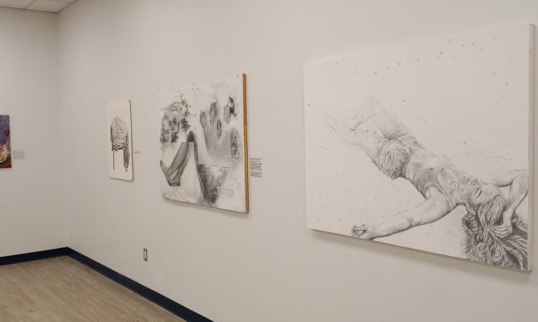 Paintings mounted on a wall.
