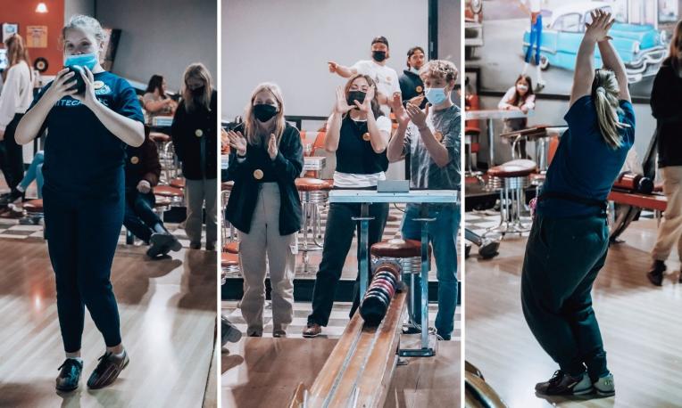 Images of people bowling and celebrating