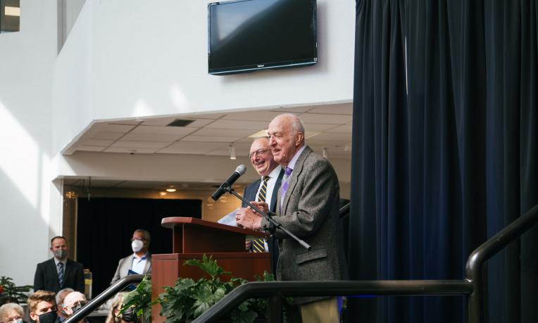 Dewey DeVries speaks at the DeVries Centre.