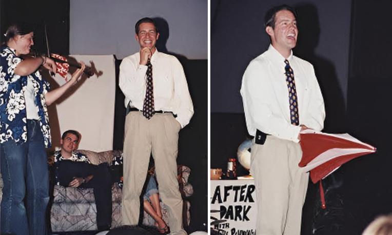 Two men in a casual performance setting.