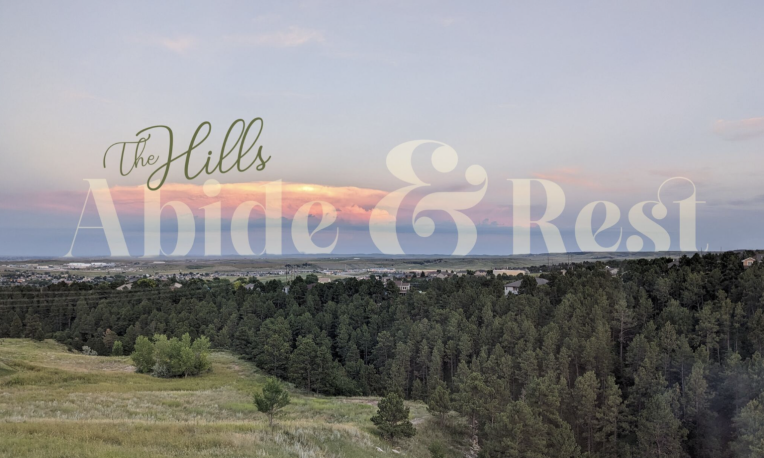 Sunset over a forested landscape with a calm sky.