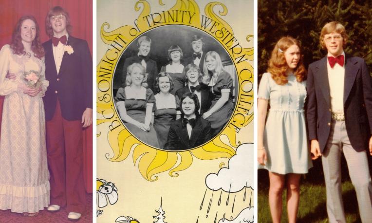 Vintage photo collage: two couples in formal wear, a black-and-white group photo, sunny day setting.