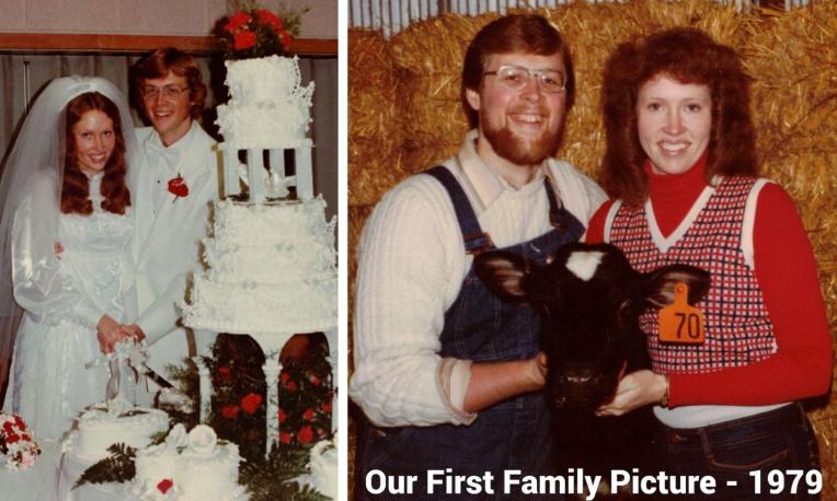 Wedding and farm couple photos side by side, smiling warmly.