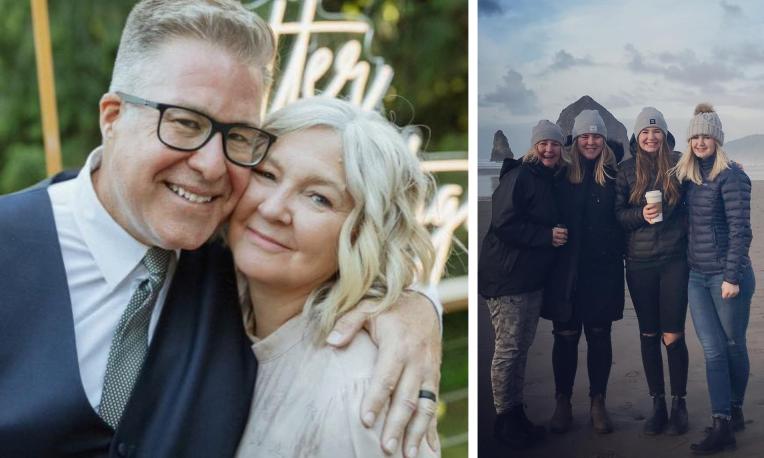 Smiling couple in formal wear; four women in winter clothing on a beach.
