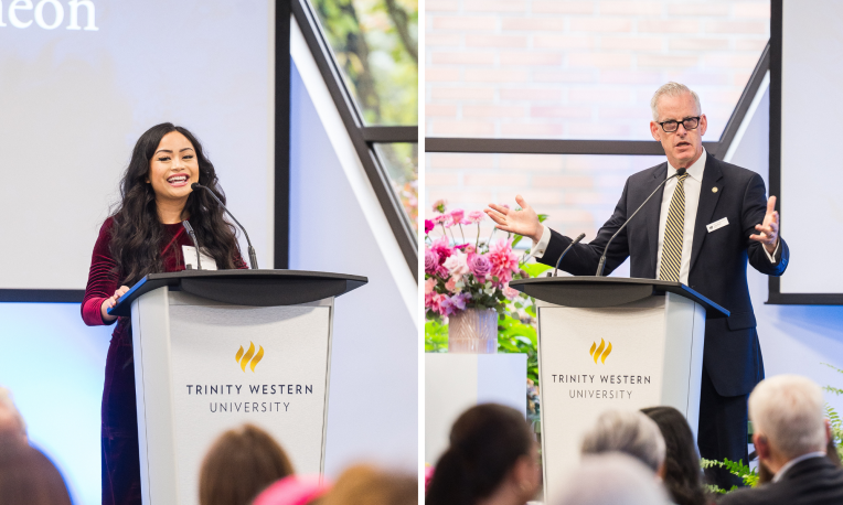 Two speakers at podiums during an event, addressing an audience.