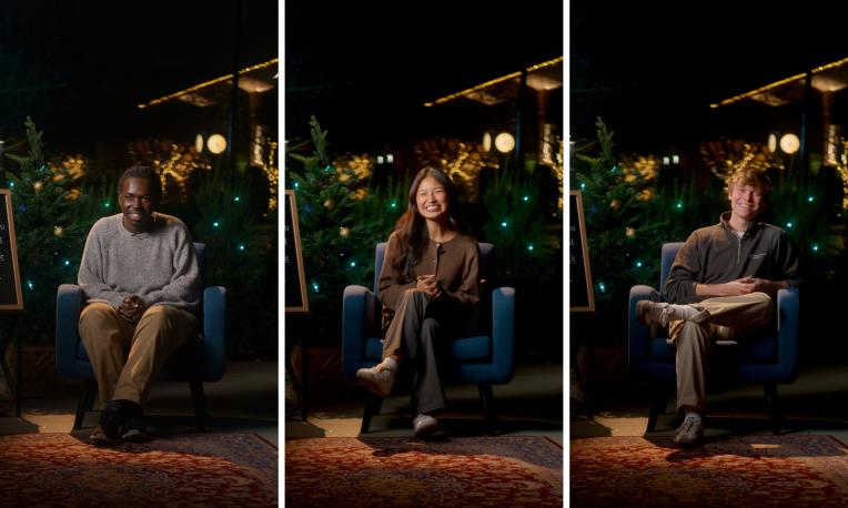 screenshots of social videos with people sitting in a chair with christmas lights behind them.