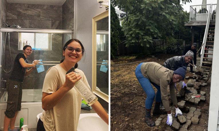 Two photos of people working during Day of Service