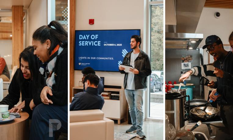 Three Photos of people in the Global Lounge
