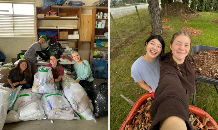 two photos of people helping out during Day of Service