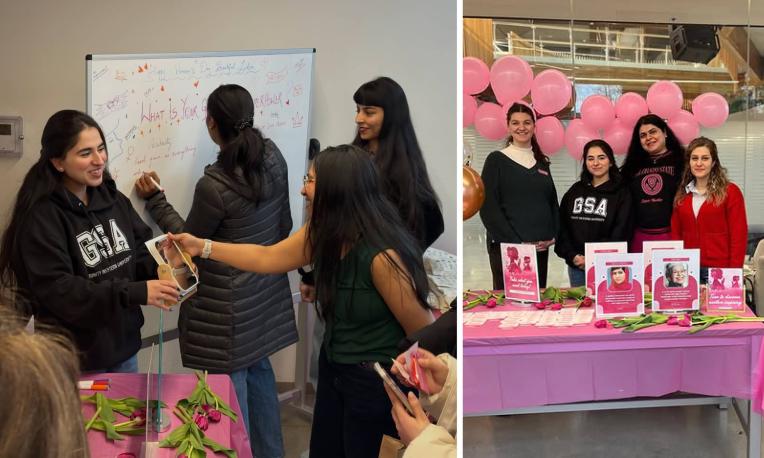 collage of photos of people at a booth with pink balloons 