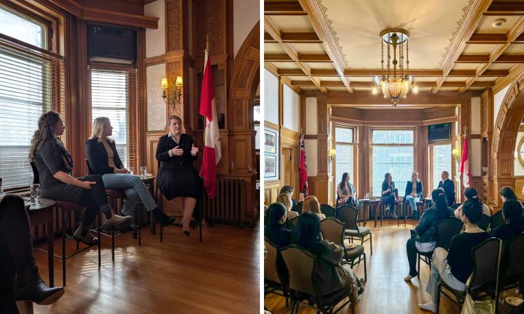 collage of photos from a panel with women speaking to an audience