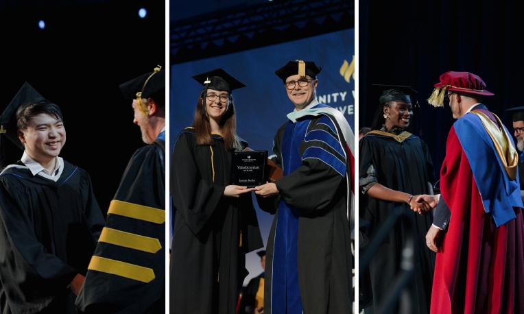collage of graduates shaking hands with leadership and faculty