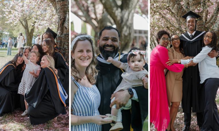 Collage of people taking photos together in front of the cherry blossoms