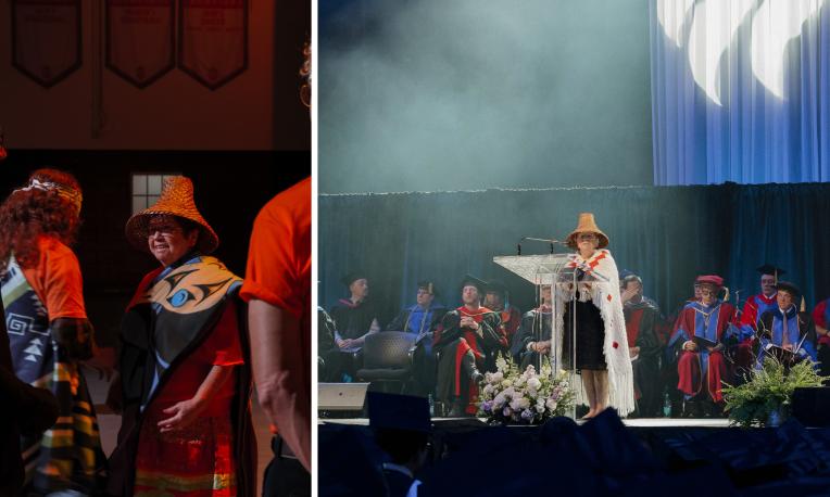 collage of Patti Victor Switametelót speaking at graduation and participating in ceremony