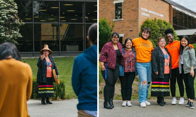 two photos of Patti Victor Switametelót with students, staff and faculty