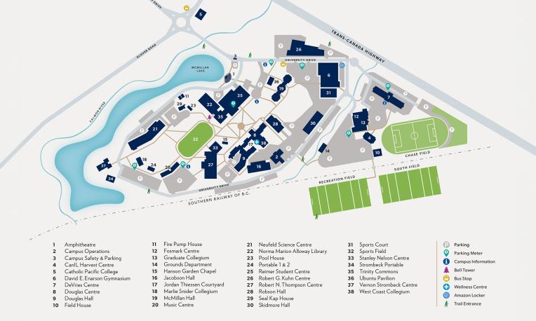 Map of a university campus showing numbered buildings, roads, walking paths, parking areas, McMillan Lake, and athletic fields. A legend identifies key campus buildings and symbols for parking, bus stops, campus information, and other amenities.