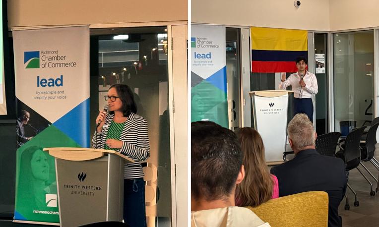 Collage of two photos of people speaking at a podium