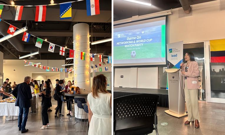 collage of two photos from a networking event with World Cup decorations around the room and a woman speaking at a podium