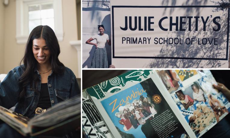 collage image of Mandelena Chetty and pictures from Julie Chetty’s Primary School of Love.