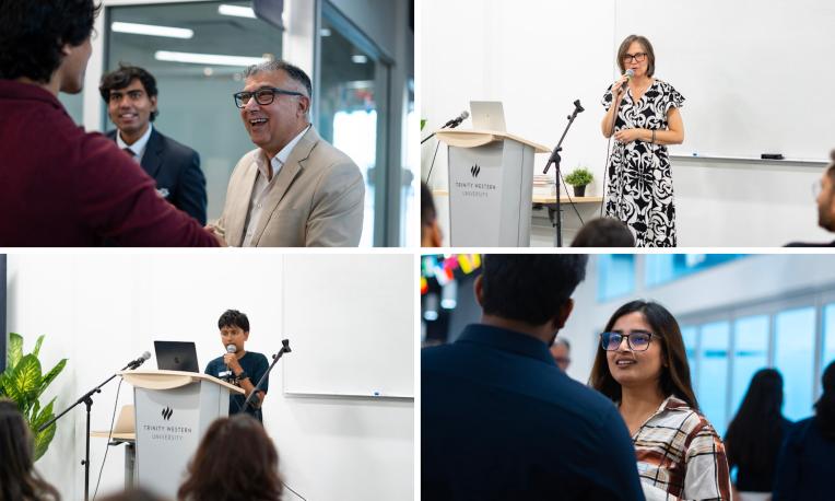 Collage of photos from a TWU Richmond campus event featuring speakers presenting at a podium, participants networking and conversing, and attendees addressing the audience in a classroom-style event space.