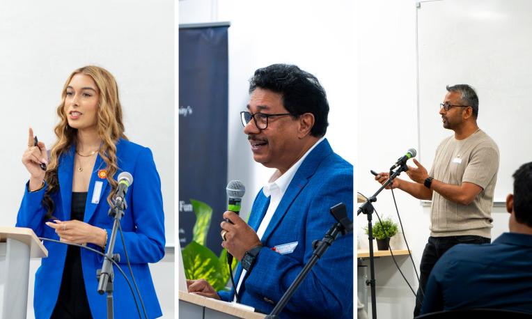Collage of three speakers presenting at a TWU Richmond campus event. Each speaker stands at a podium or microphone addressing attendees, with presentation equipment and event signage visible in the background.