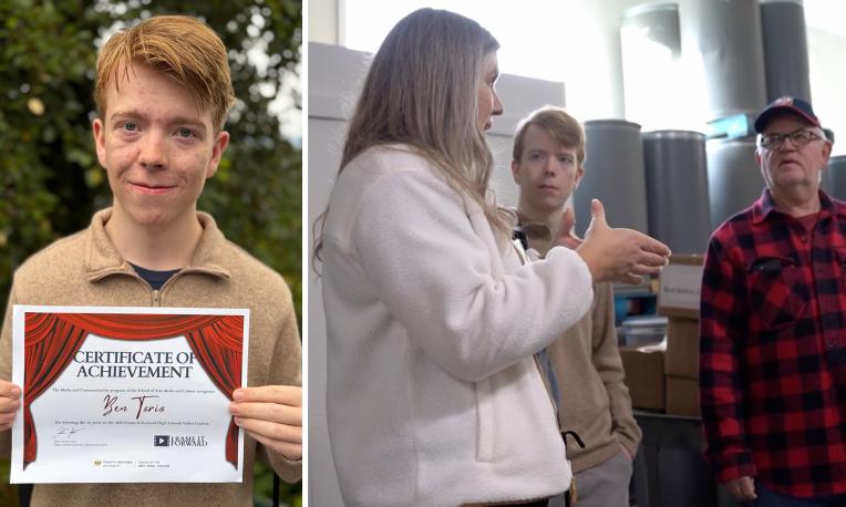 Ben Torio holding his “Frame It Forward” award alongside a still from his winning video, Peace–Now in Technicolor.