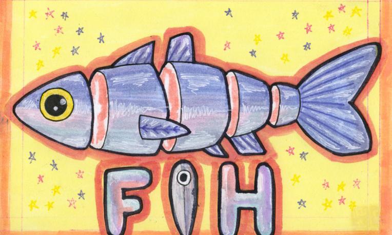 Colourful drawing of a segmented blue fish with a large yellow eye against a bright yellow and orange background.