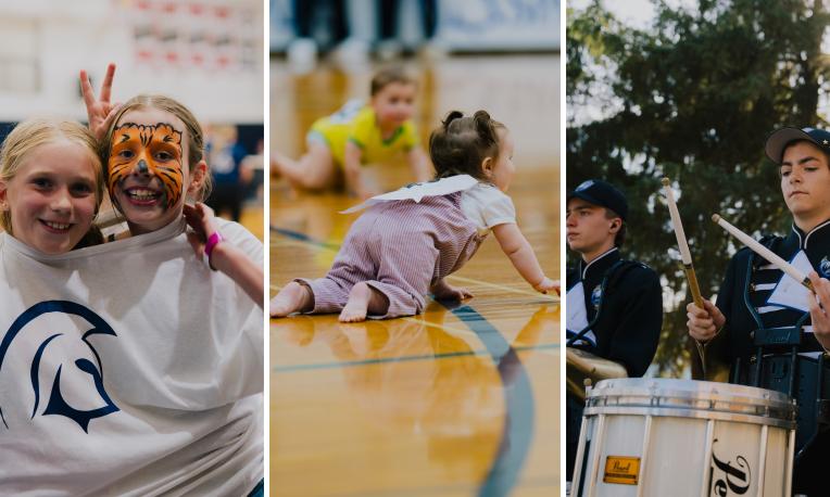 Girls posing with face paint, baby crawling on gym floor, drummer in marching band.