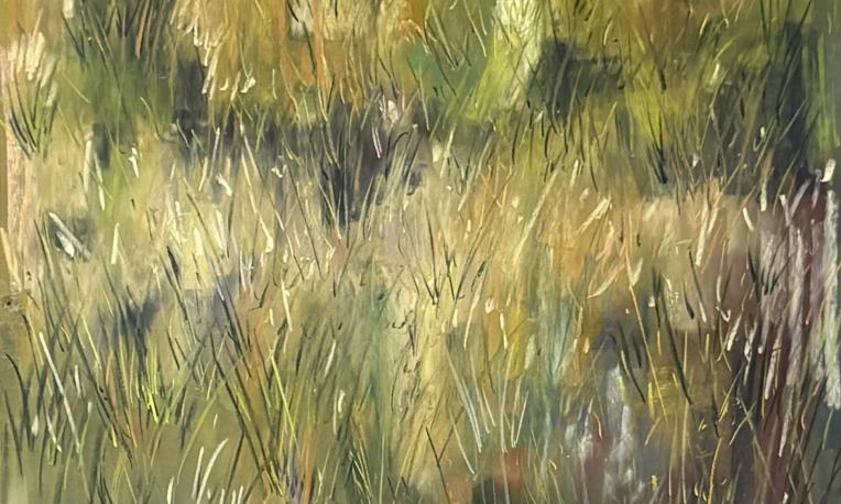 Abstract artwork in earthy green and brown tones with layered marks resembling tall grass and foliage.