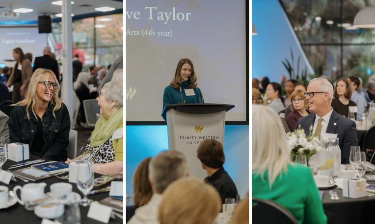 Collage from the Legacy Luncheon showing a current student speaking with a donor, Genevieve Taylor speaking at the podium, and Dr. Todd F. Martin seated with guests.