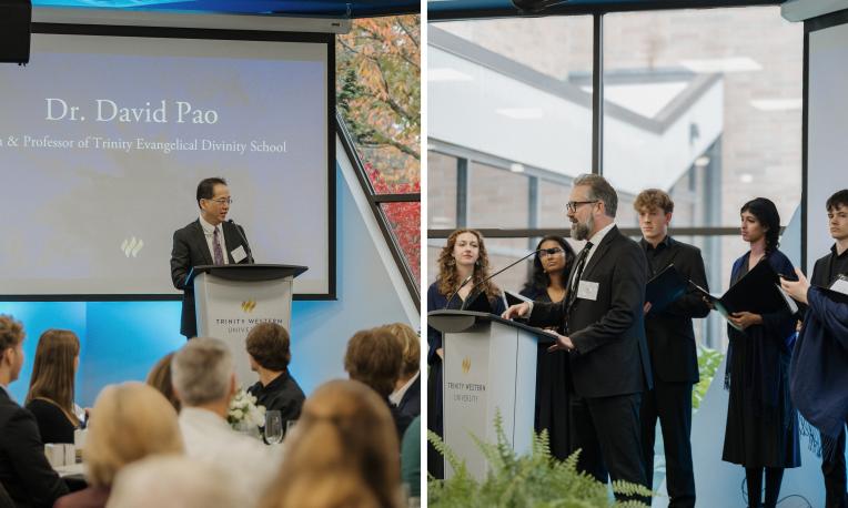Dr. David Pao speaking at a podium, and Benjamin Ewert, at the podium with the TWU Chamber Choir during the Legacy Luncheon.