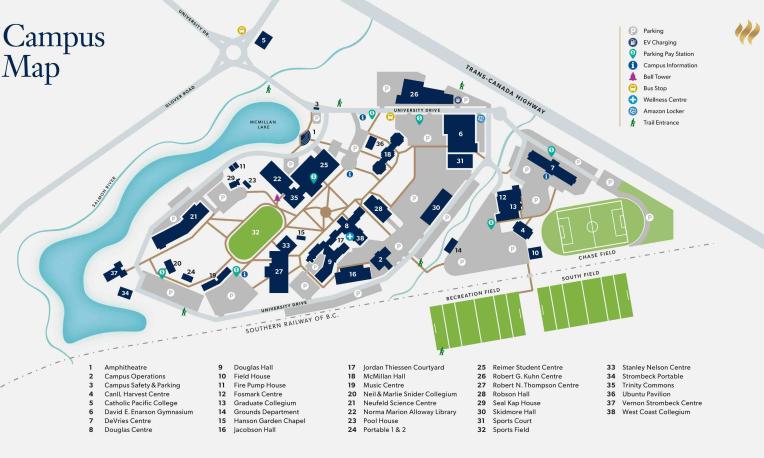 Map of a university campus showing numbered buildings, roads, walking paths, parking areas, McMillan Lake, and athletic fields. A legend identifies key campus buildings and symbols for parking, bus stops, campus information, and other amenities.
