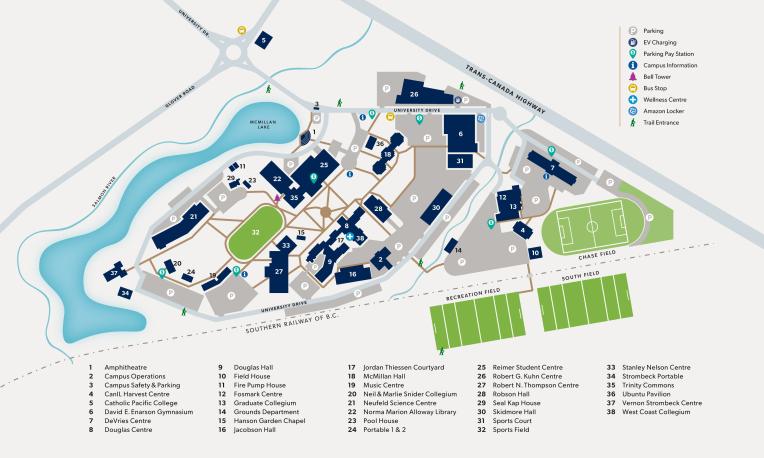 Map of a university campus showing numbered buildings, roads, walking paths, parking areas, McMillan Lake, and athletic fields. A legend identifies key campus buildings and symbols for parking, bus stops, campus information, and other amenities.