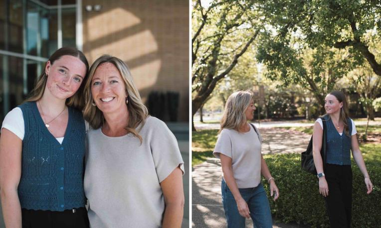 Sara Kraushar and her daughter posing together and walking along a tree-lined path on TWU’s campus.